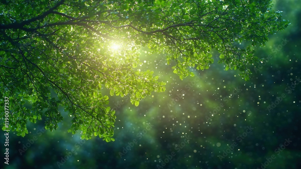 Lush green leaves illuminated by sunlight, creating a tranquil and vibrant forest scene Lush green leaves illuminated by sunlight, creating a tranquil and vibrant forest scene