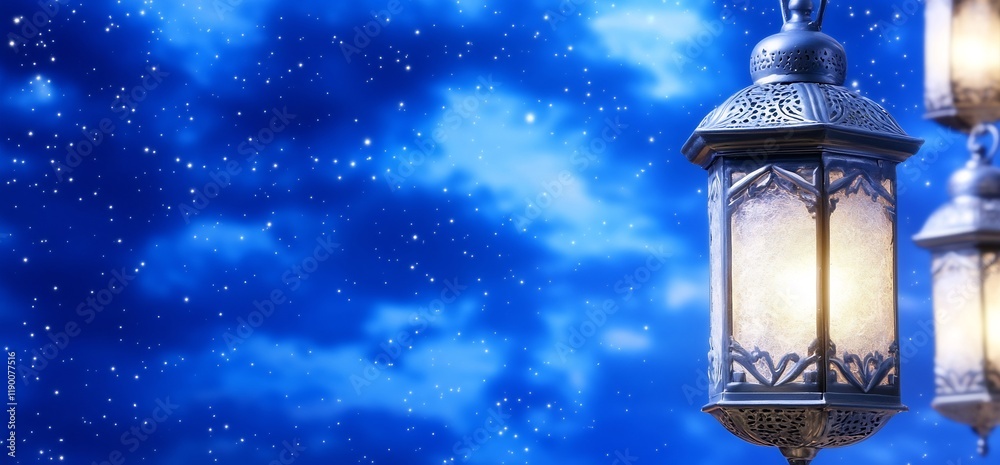Illuminated lanterns against a starry night sky; Ramadan greeting Illuminated lanterns against a starry night sky; Ramadan greeting