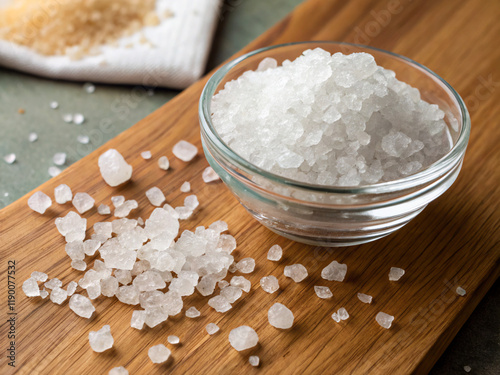 sea salt on wooden background. salt, food, white, bowl, ingredient, spoon, closeup, sea, wood, rice, natural, spa, wooden, healthy, sugar, organic, heap, table, raw, grain, brown, spice, crystal, cook