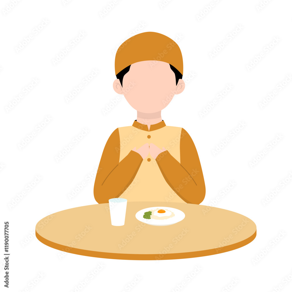 Muslim Boy Praying Before Eat. Muslim Kid Activity Muslim Boy Praying Before Eat. Muslim Kid Activity