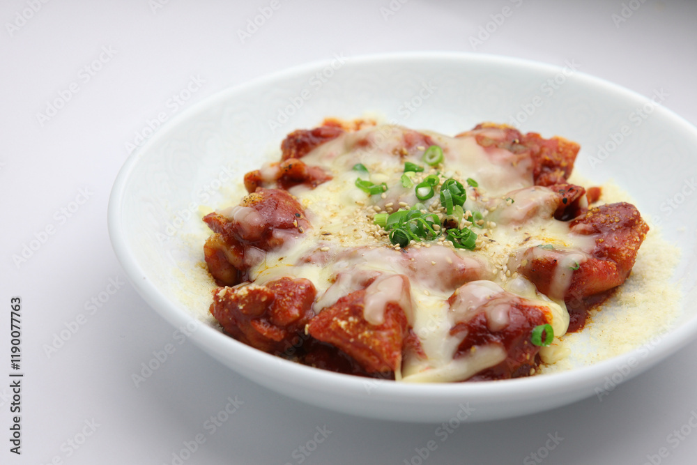 Cheese-Covered Spicy Korean Fried Chicken with Garnish Cheese-Covered Spicy Korean Fried Chicken with Garnish