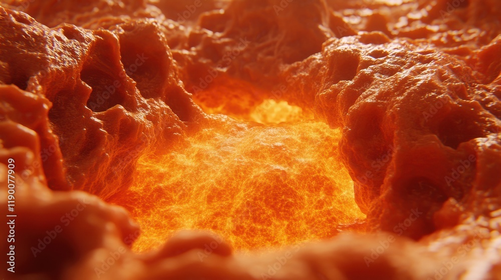 Molten Fire: A Close-Up of Fiery Lava Flowing Through Volcanic Rocks Molten Fire: A Close-Up of Fiery Lava Flowing Through Volcanic Rocks