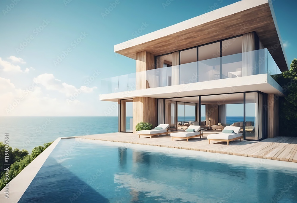 Fototapeta premium Modern Oceanfront House With Infinity Pool And Deck Loungers