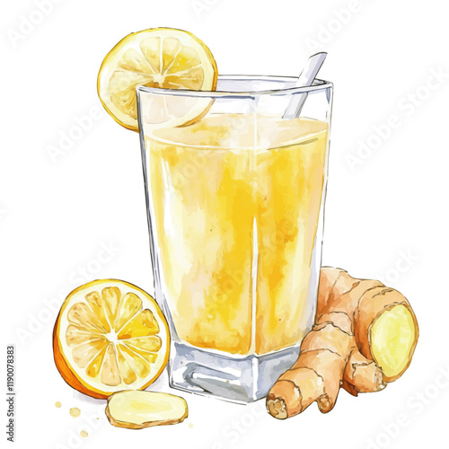A watercolor vector of lemon ginger juice, isolated on a white background. Lemon ginger juice vector.
