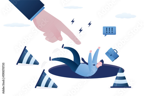 Boss hand pushes male employee into the hole. Dismissal, staff reduction. Betrayal, pitfall, conflict in office. Businessman fall down into hole, failure,