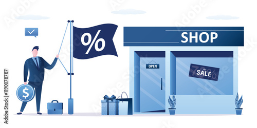 Businessman standing near shop building and rising discount flag on flagpole. Seasonal sales, promotion campaign, marketing. Giant discounts in store. Advertising concept.