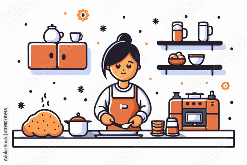 Focused Woman with Culinary Passion Preparing Food in Modern Kitchen