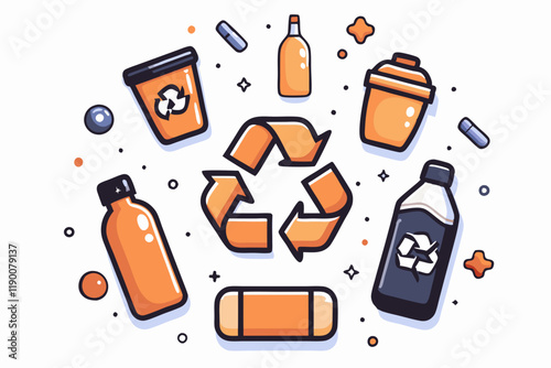 Circular Recycling Concept Illustration in Orange and Gray with Environmental Elements