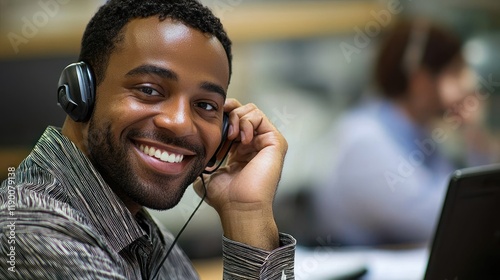 A smiling call agent assisting a customer over the phone.