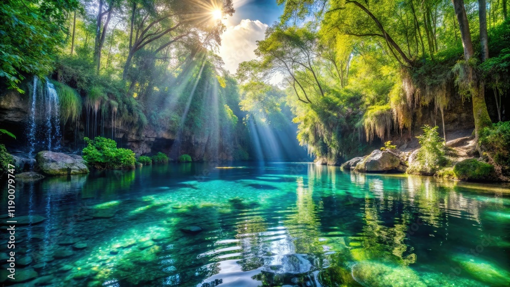 Obraz premium Explore Cenote Azul, Quintana Roo: stunning crystal-clear waters, vibrant underwater photography, and a captivating bokeh effect.