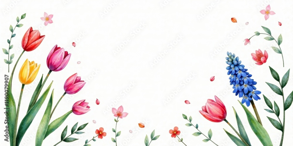 Naklejka premium A Springtime Floral Border Featuring Tulips, Hyacinths, and Delicate Blossoms, Perfect for Invitations or Announcements