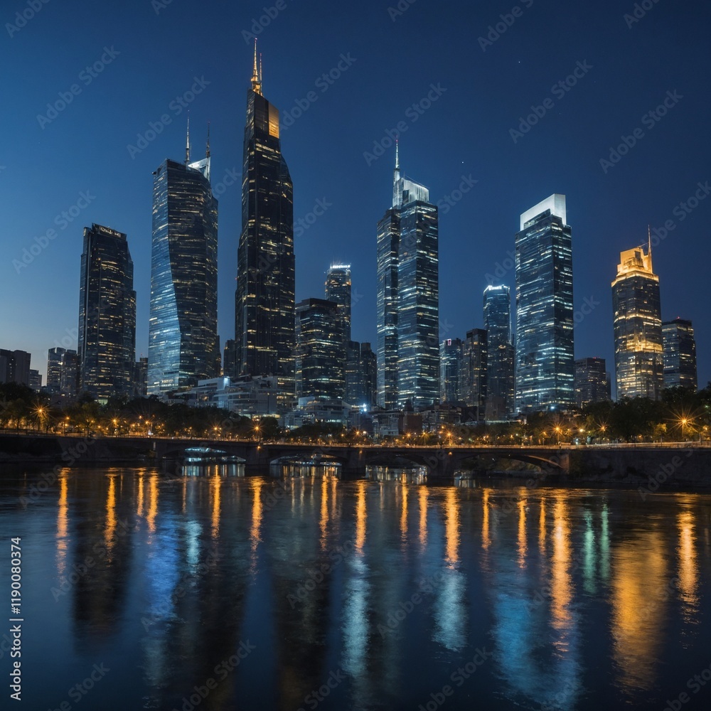 Obraz premium A city skyline illuminated during blue hour with reflections on a calm river.