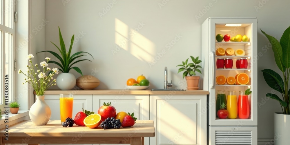 Sunlit Kitchen Table with Fresh Fruit and Juice Sunlit Kitchen Table with Fresh Fruit and Juice