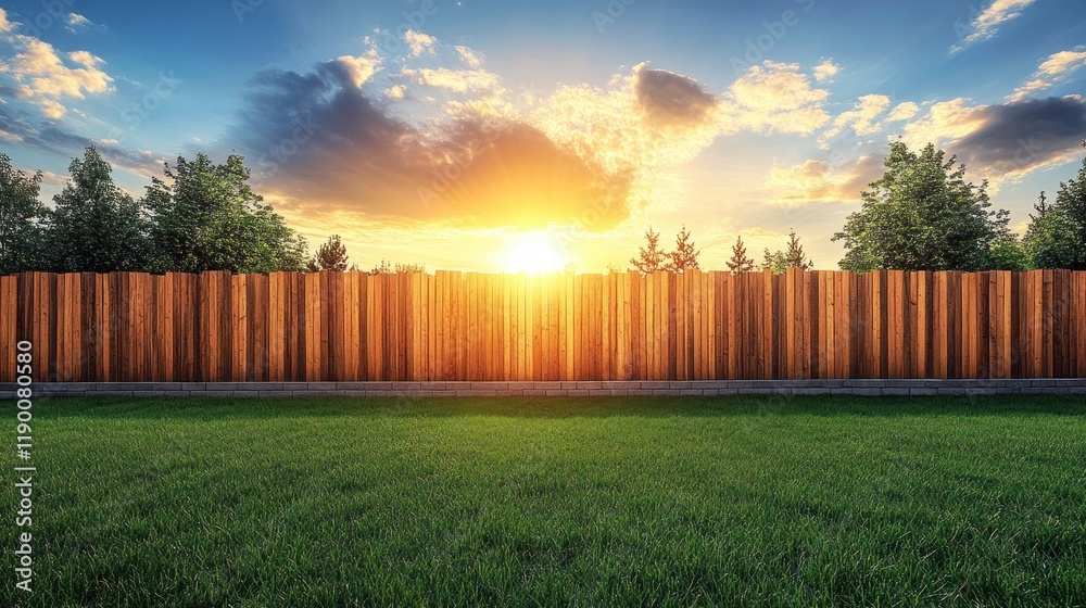 Fototapeta premium Sunset over wooden fence and green lawn.