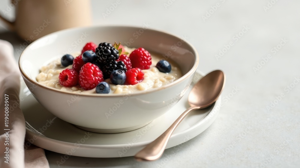 Creamy porridge topped with a delightful mix of fresh raspberries, blackberries, and blueberries served in a minimalist bowl Creamy porridge topped with a delightful mix of fresh raspberries, blackberries, and blueberries served in a minimalist bowl