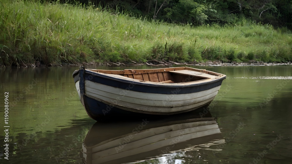 A solitary boat docked on a peaceful riverbank A solitary boat docked on a peaceful riverbank