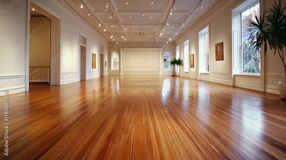 Fototapeta premium A spacious, well-lit gallery with blank white walls and polished wooden floors.