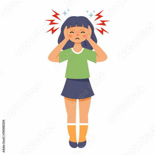 Girl with acute headache. Symptom of viral disease or intestinal infection