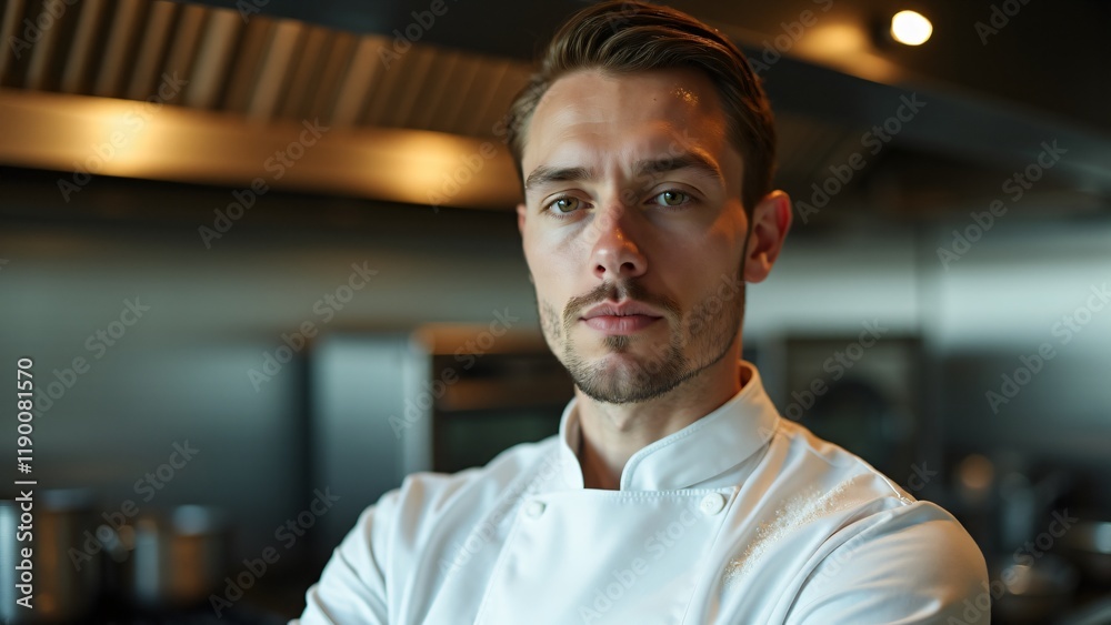 Portrait of a chef in a crisp white jacket, blurred kitchen background with warm lighting. Confident expression and detailed facial textures evoke culinary mastery. No visible hands or tools. Portrait of a chef in a crisp white jacket, blurred kitchen background with warm lighting. Confident expression and detailed facial textures evoke culinary mastery. No visible hands or tools.