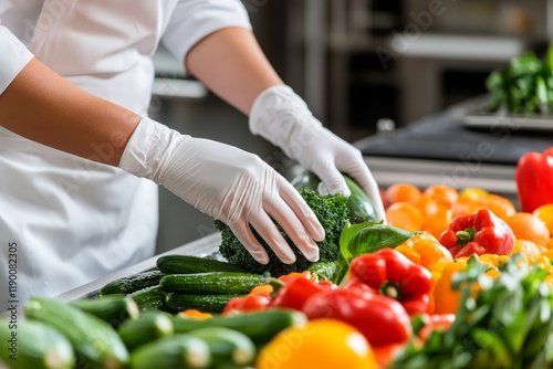 Chef Preparing Fresh Vegetables: A chef's hands, gloved for hygiene, carefully arrange vibrant, fresh vegetables – broccoli, cucumbers, bell peppers –  on a prep table.