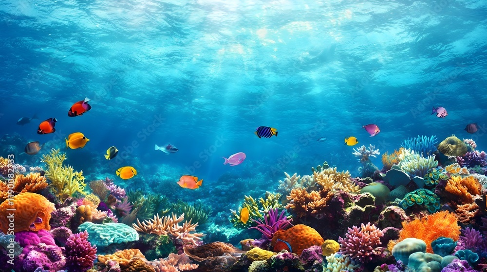 Naklejka premium Vibrant Coral Reef Underwater Paradise Tropical Fish Ocean Scene