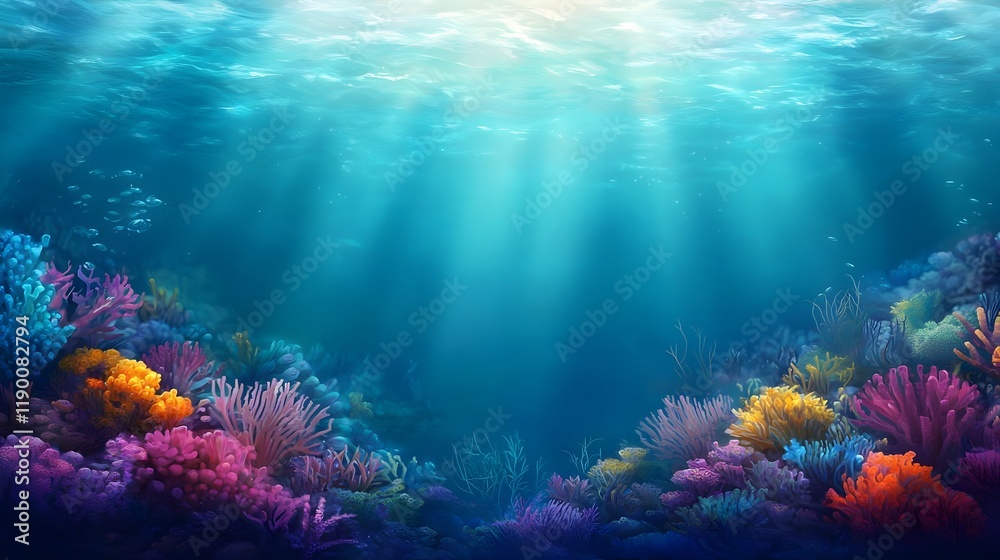 Naklejka premium Vibrant Underwater Coral Reef Scene Ocean Marine Life Background