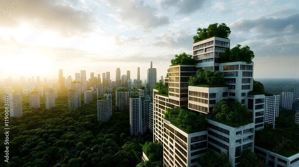 Obraz premium Eco Friendly Cityscape Green Buildings Urban Nature at Sunset