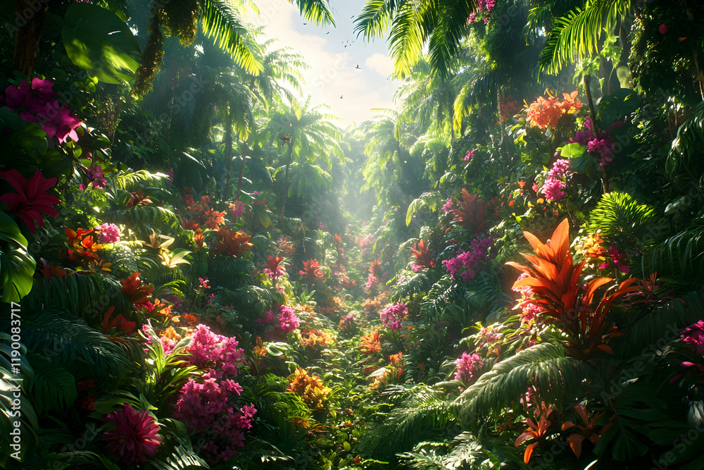 Obraz premium Lush Tropical Rainforest Path Bathed in Sunlight, Vibrant Flowers and Greenery