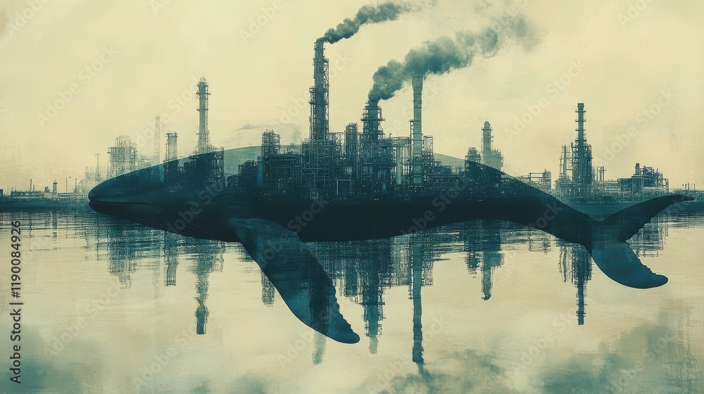 Fototapeta premium double exposure of whale and oil refinery endangered wildlife