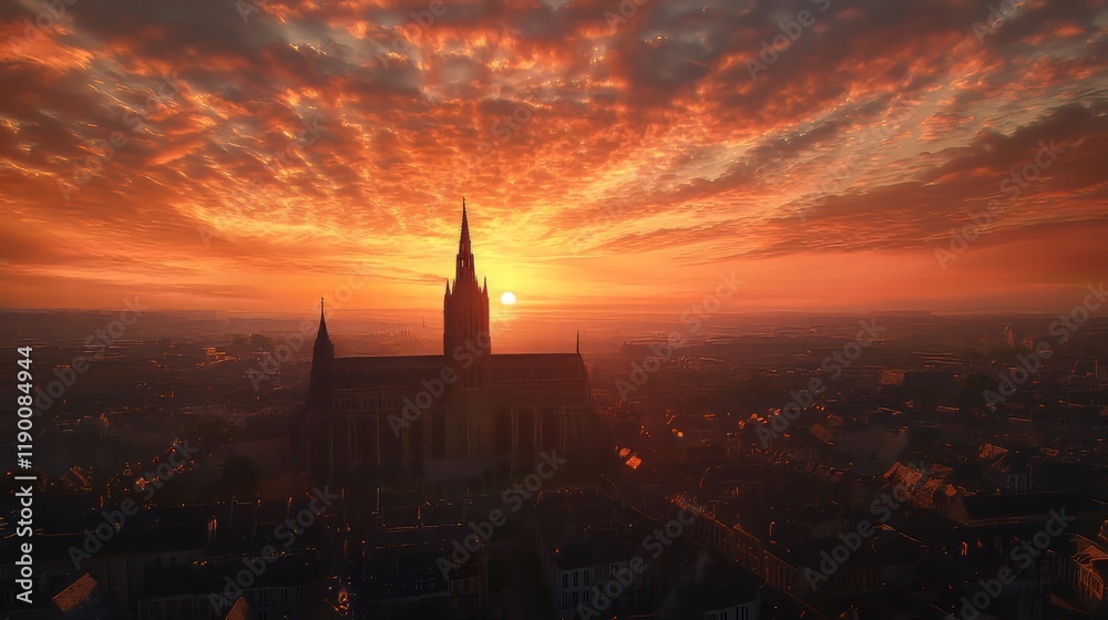 Fototapeta premium Fiery sunset over city cathedral