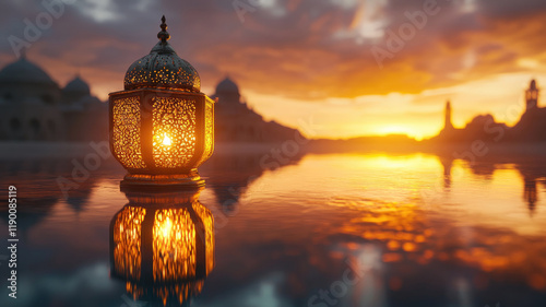 Traditional Arabic lantern glowing by the water at sunset with mosque silhouette in the background photo