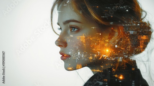 double exposure portrait of a young woman with urban landscape in the background and cross conceptual image