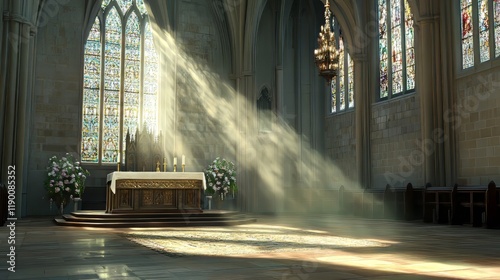 Sunbeams illuminate church altar