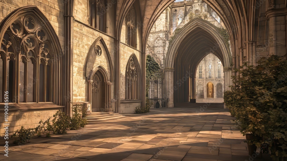 Obraz premium Sunlit Courtyard of Ancient Cathedral