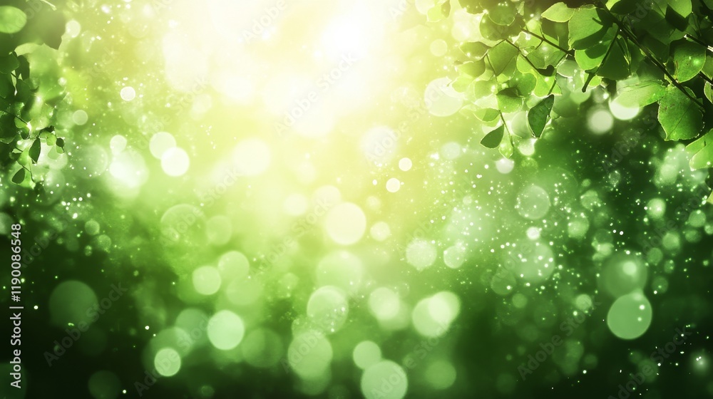 Fototapeta premium Soft Green Background with Bokeh Effect and Sparkling Light Rays