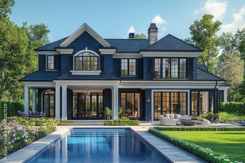 3D rendering of a blue and white colonial house with black shutters, swimming pool, blooming spring flowers, and green grass in the front yard. 3D rendering of a blue and white colonial house with black shutters, swimming pool, blooming spring flowers, and green grass in the front yard.