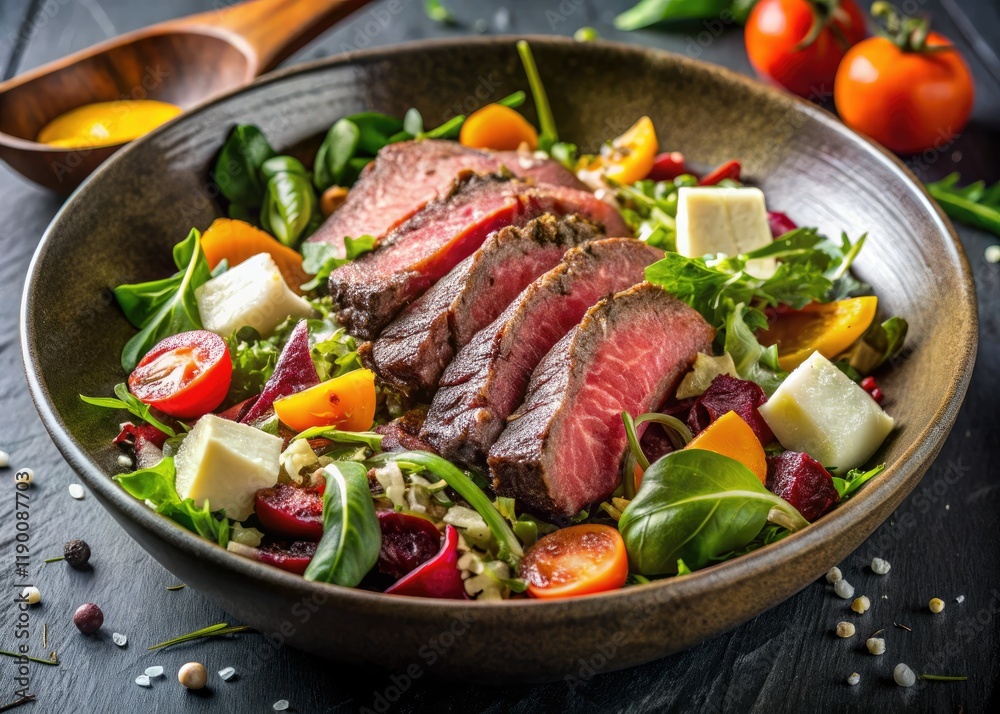 Overhead shot: Modern bowl showcases dry-aged bison steak, paired with fresh vegetables and a parmesan dusting. Overhead shot: Modern bowl showcases dry-aged bison steak, paired with fresh vegetables and a parmesan dusting.