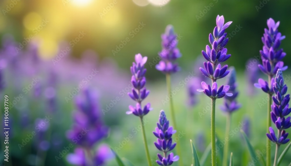 Lavender flowers with delicate petals in a misty garden setting, lavender, nature, greenery Lavender flowers with delicate petals in a misty garden setting, lavender, nature, greenery