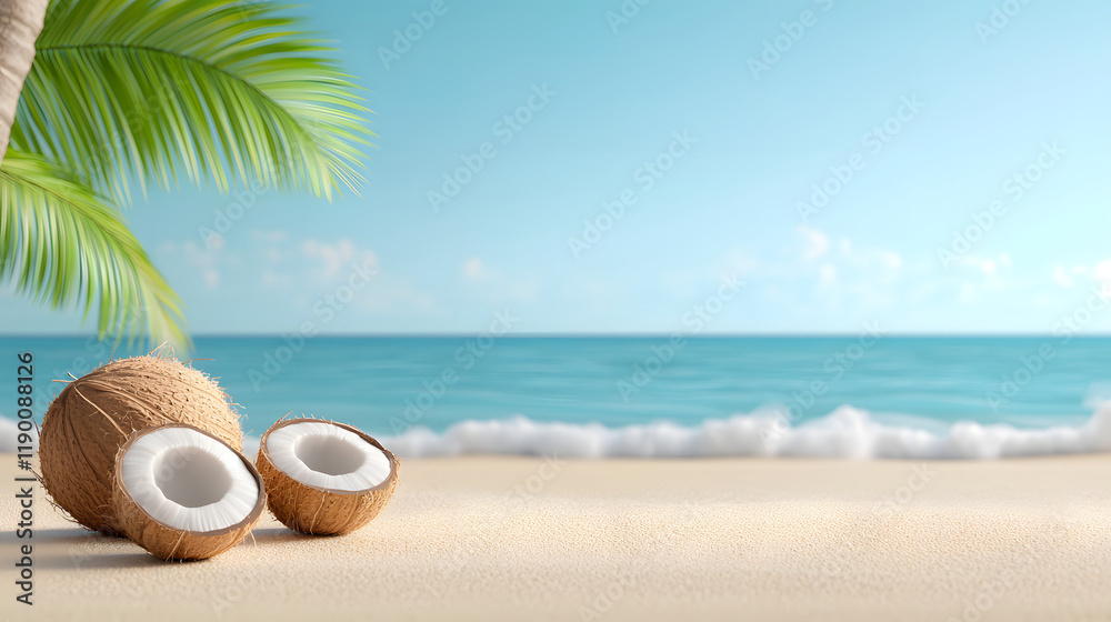 serene tropical beach scene featuring coconuts on soft sand, with gentle waves lapping at shore and palm leaves swaying in breeze, evoking sense of relaxation and tranquility serene tropical beach scene featuring coconuts on soft sand, with gentle waves lapping at shore and palm leaves swaying in breeze, evoking sense of relaxation and tranquility