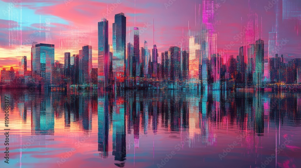 Fototapeta premium Cyberpunk Cityscape at Sunset: A Digital Metropolis Reflected in Calm Waters