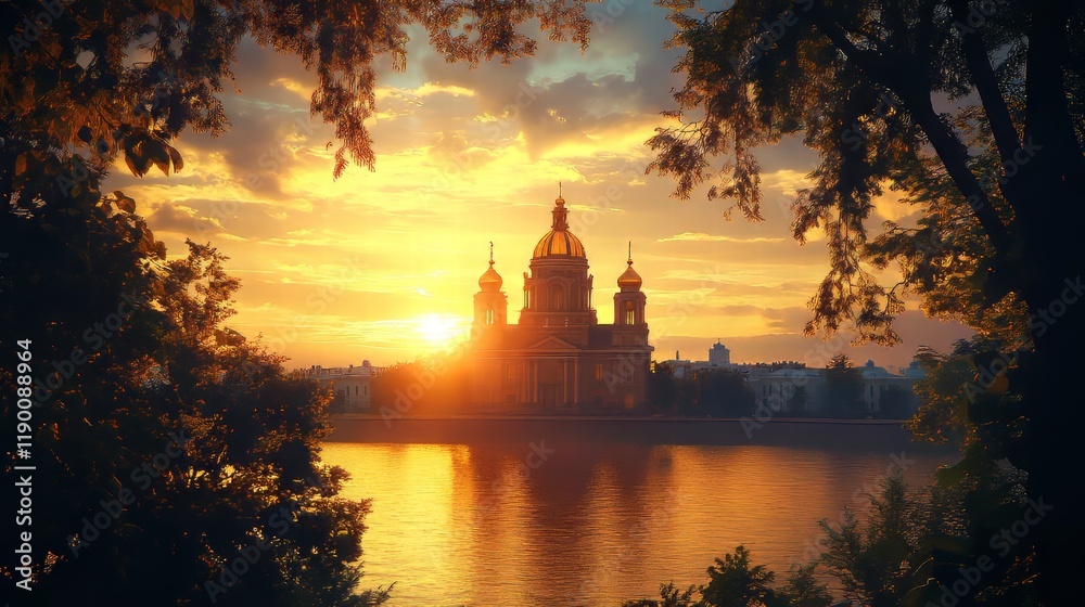 Naklejka premium Golden sunset over city cathedral