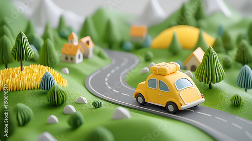 Obraz na płótnie nostalgic 3D road trip scene featuring yellow car driving along winding road surrounded by vibrant green hills, quaint houses, and colorful trees. This charming landscape evokes sense of adventure w salonie