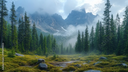 foggy mountains landscape with coniferous forest