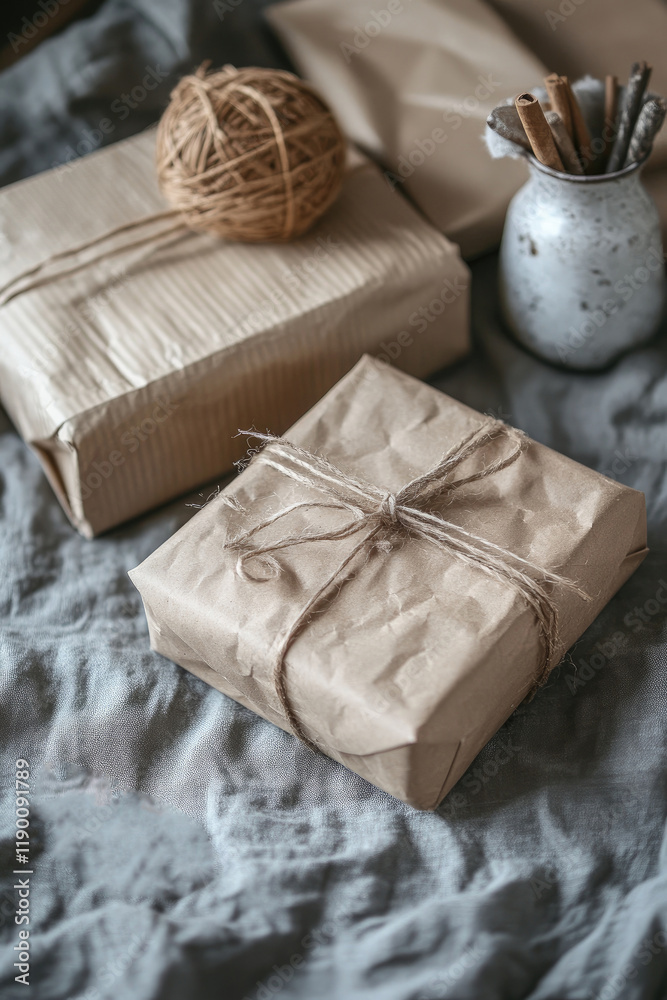 Rustic Gift Wrapping with Brown Paper and Twine on Textured Fabric Background Rustic Gift Wrapping with Brown Paper and Twine on Textured Fabric Background