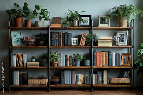 Wallpaper Mural Industrial-style living room with black metal bookshelf, wooden shelves filled with books, photo frames, plants, and home decor, set against white walls with wall hangings. Torontodigital.ca