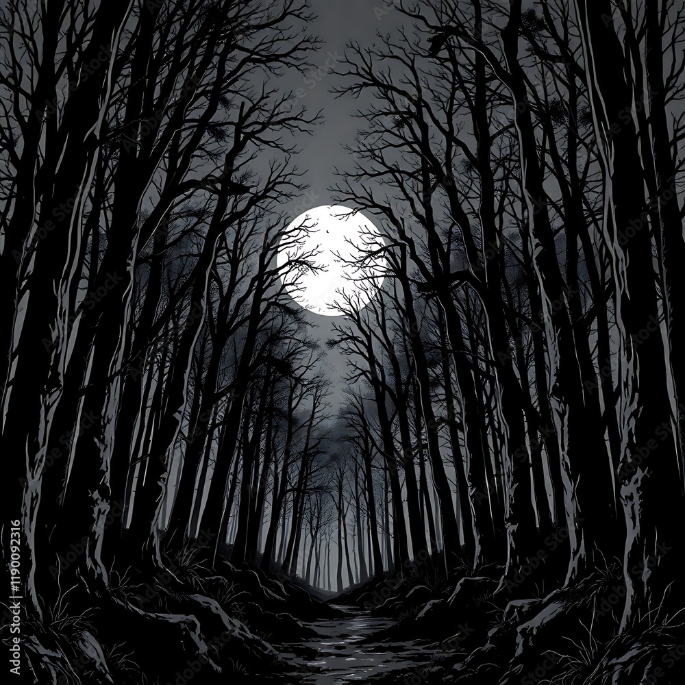 Obraz premium Dark forest path, full moon.
