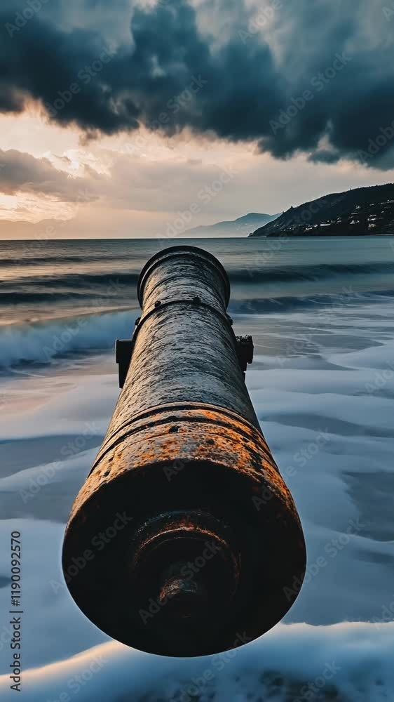 Cannon rests on sandy beach as waves crash under moody sky during sunset Cannon rests on sandy beach as waves crash under moody sky during sunset