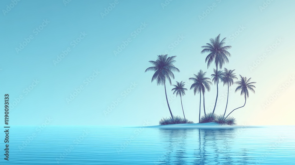 Obraz premium Tranquil Tropical Island with Palm Trees and Calm Ocean Waters Under Clear Blue Sky