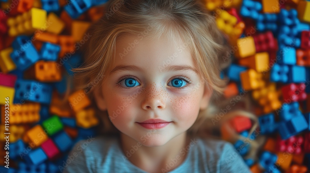 funny surprised little girl lying in the chaos of toys kid s face surrounded by building block funny surprised little girl lying in the chaos of toys kid s face surrounded by building block