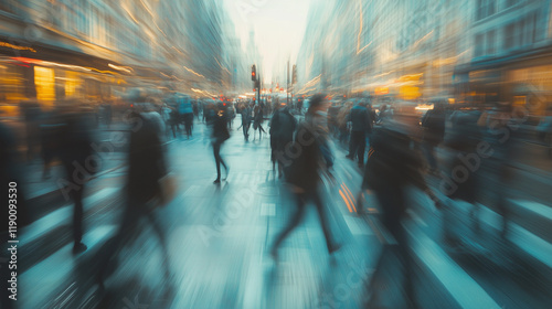 Walking People Blur in City of London Panoramic View of Busy Crosswalk and Vibrant Urban Lifestyle






